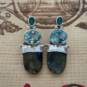 Darla N 925 Vintage Blue Topaz, Opal & Labradorite Dangle Earrings
